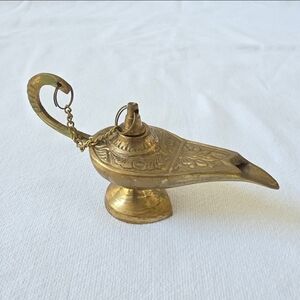 Brass Aladdin Genie Chirag Lamp Ornate Incense Burner India 6L x 3H x 2W in